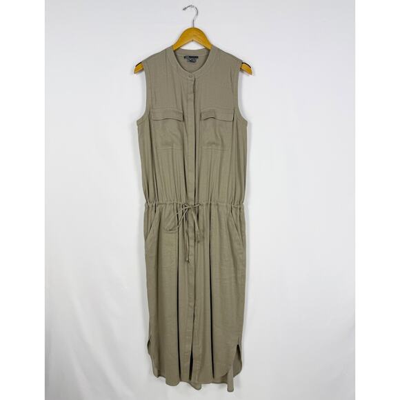 Vince Women's Linen Blend Cargo Shift Midi Dress Medium Sandbar Beige - Picture 2 of 14